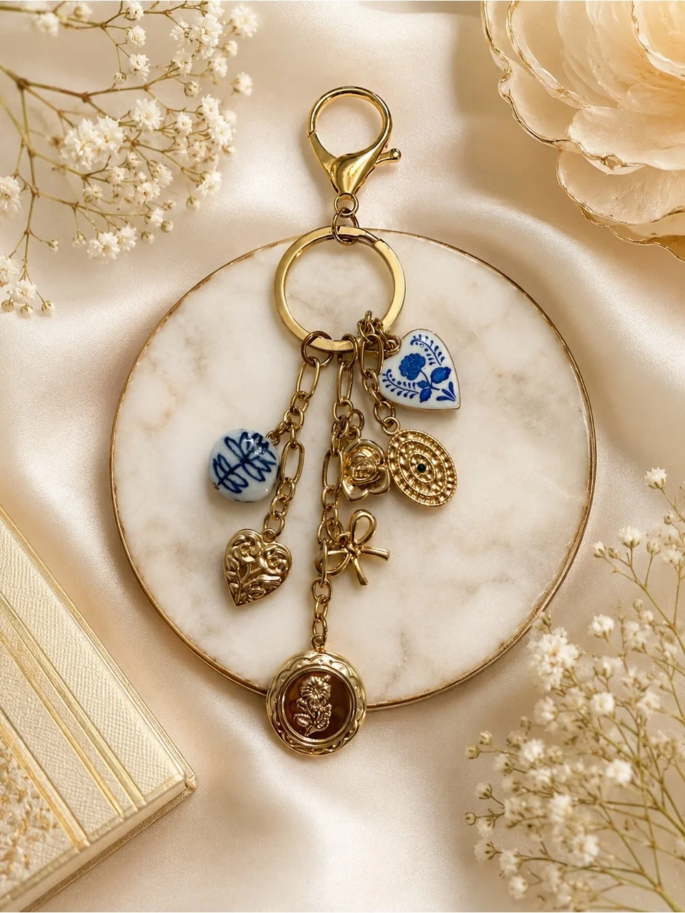 Gold Charm Key & Card Holder with Blue Porcelain Accents